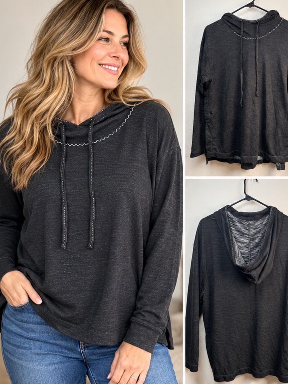 Max Studio Charcoal Hooded Pullover Top Contrast Stitching Relaxed Fit